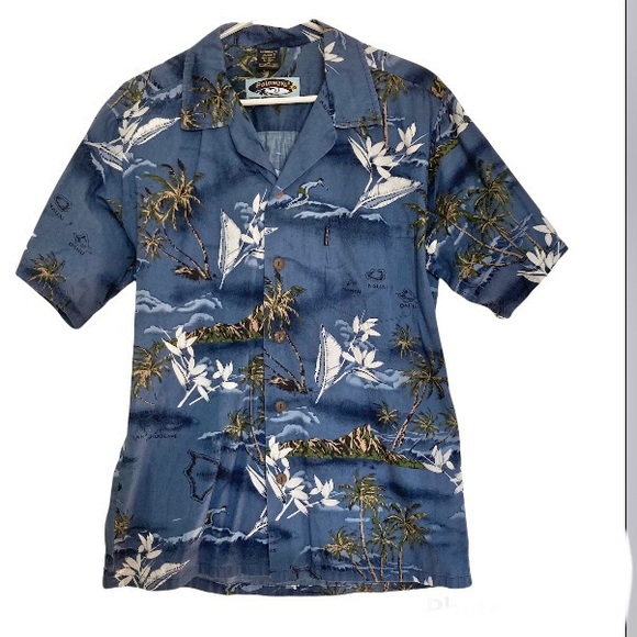 PALMWAVE Hawaiian Surfer Palm Trees Island Blue Shirt Surfer Tropical Men Medium - Picture 5 of 16